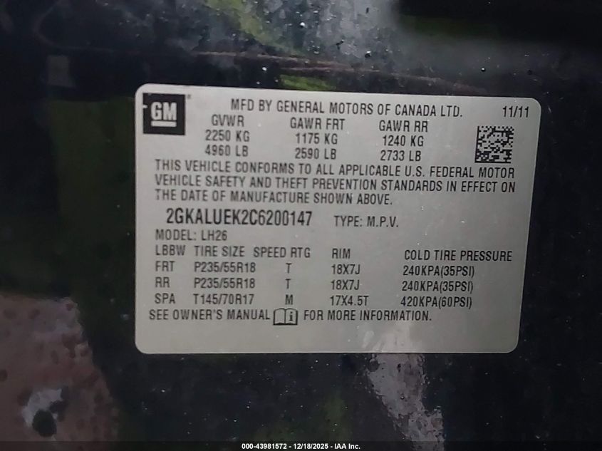 2012 GMC Terrain Slt-1 VIN: 2GKALUEK2C6200147 Lot: 43981572