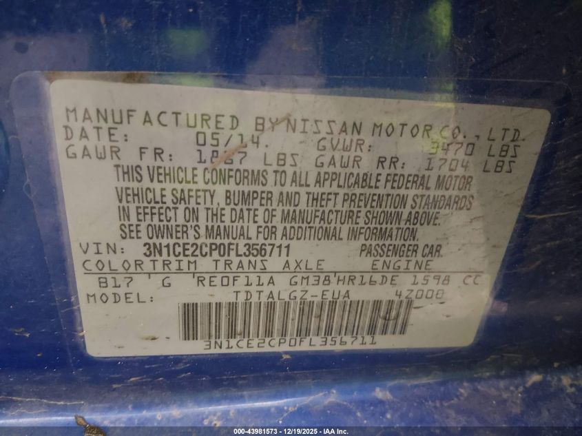 2015 Nissan Versa Note Sr VIN: 3N1CE2CP0FL356711 Lot: 43981573