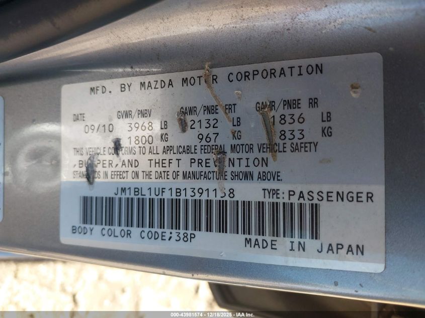 2011 Mazda Mazda3 I Sport VIN: JM1BL1UF1B1391158 Lot: 43981574