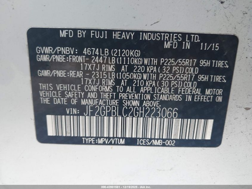 2016 Subaru Crosstrek Hybrid Touring VIN: JF2GPBLC2GH223066 Lot: 43981581