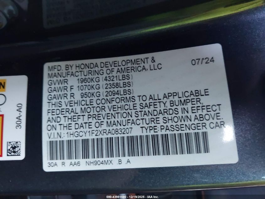 2024 Honda Accord Lx VIN: 1HGCY1F2XRA083207 Lot: 43981580