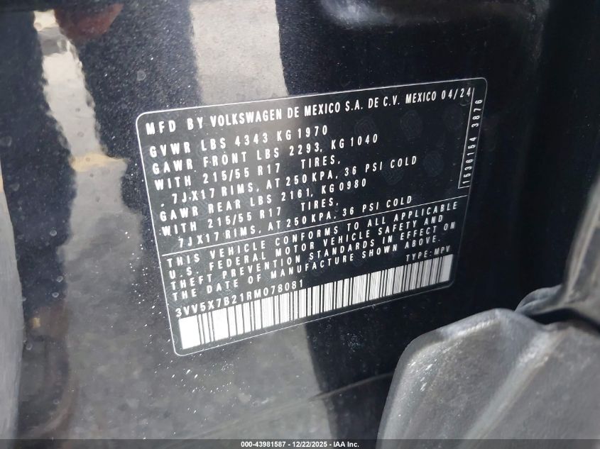 2024 Volkswagen Taos 1.5T S VIN: 3VV5X7B21RM078081 Lot: 43981587