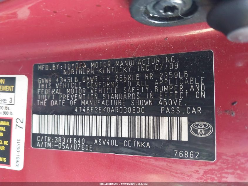 2010 Toyota Camry Le VIN: 4T4BF3EK0AR038830 Lot: 43981590