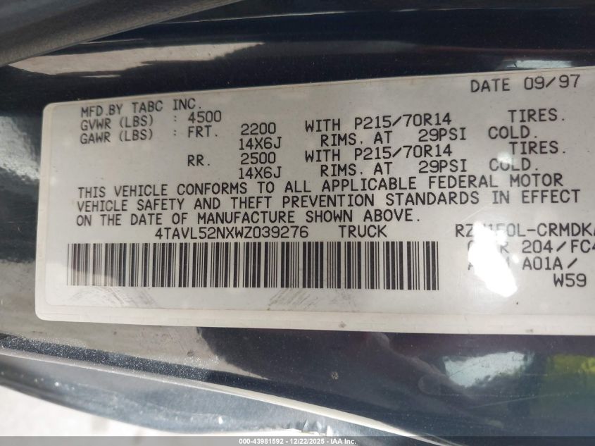 1998 Toyota Tacoma VIN: 4TAVL52NXWZ039276 Lot: 43981592