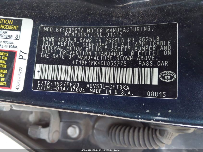 2012 Toyota Camry Se VIN: 4T1BF1FK4CU055775 Lot: 43981596