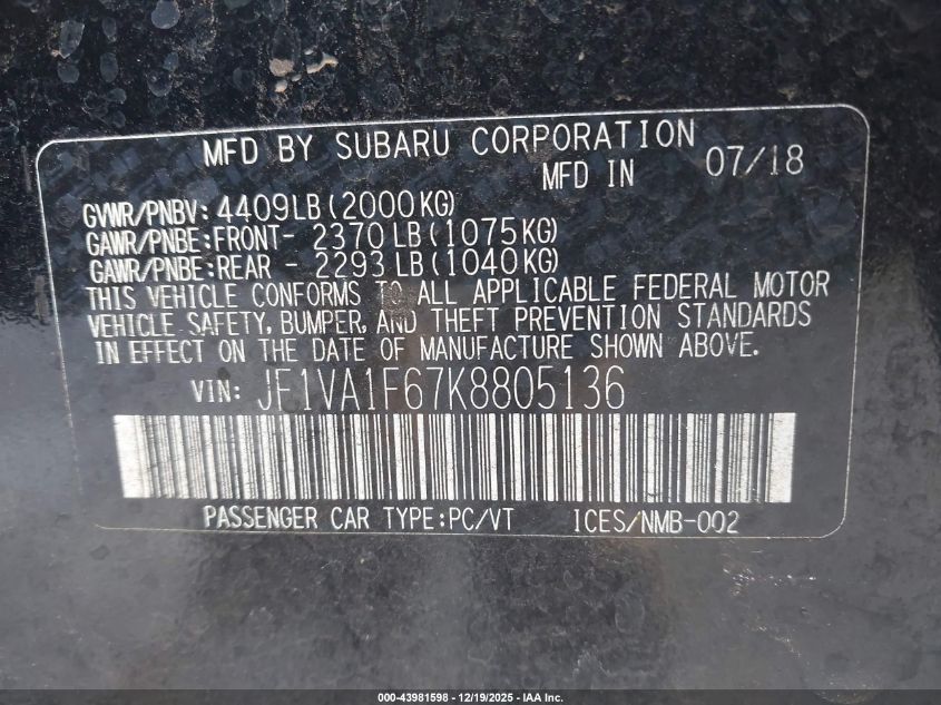 2019 Subaru Wrx Premium VIN: JF1VA1F67K8805136 Lot: 43981598