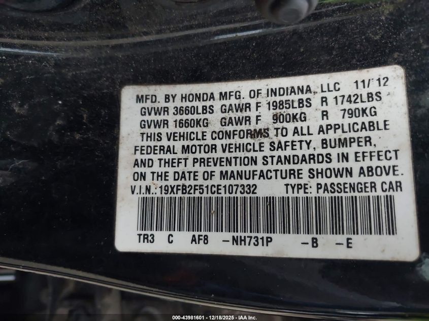 2012 Honda Civic Lx VIN: 19XFB2F51CE107332 Lot: 43981601