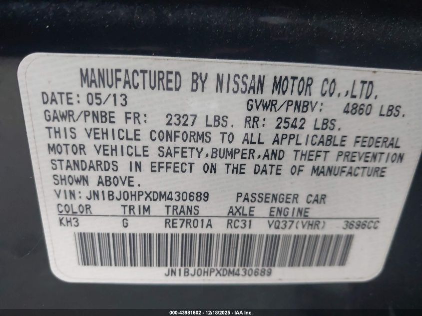 2013 Infiniti Ex37 Journey VIN: JN1BJ0HPXDM430689 Lot: 43981602