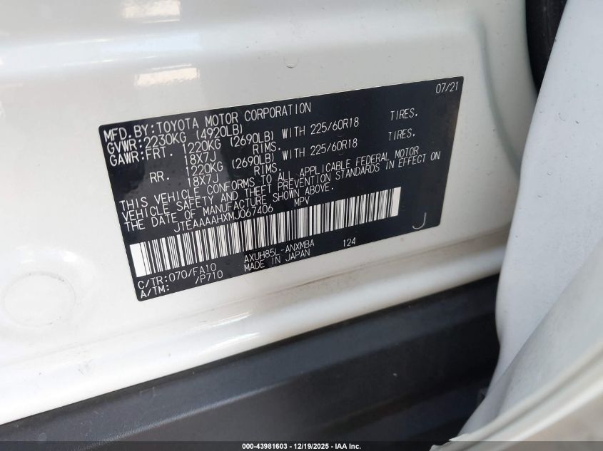 2021 Toyota Venza Le VIN: JTEAAAAHXMJ067406 Lot: 43981603