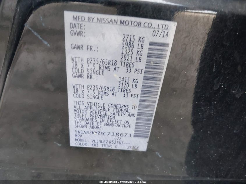 2014 Nissan Pathfinder Sv VIN: 5N1AR2MM2EC718671 Lot: 43981604