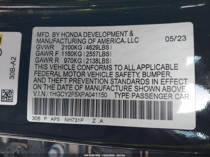 2023 Honda Accord Hybrid Sport VIN: 1HGCY2F5XPA041150 Lot: 43981605