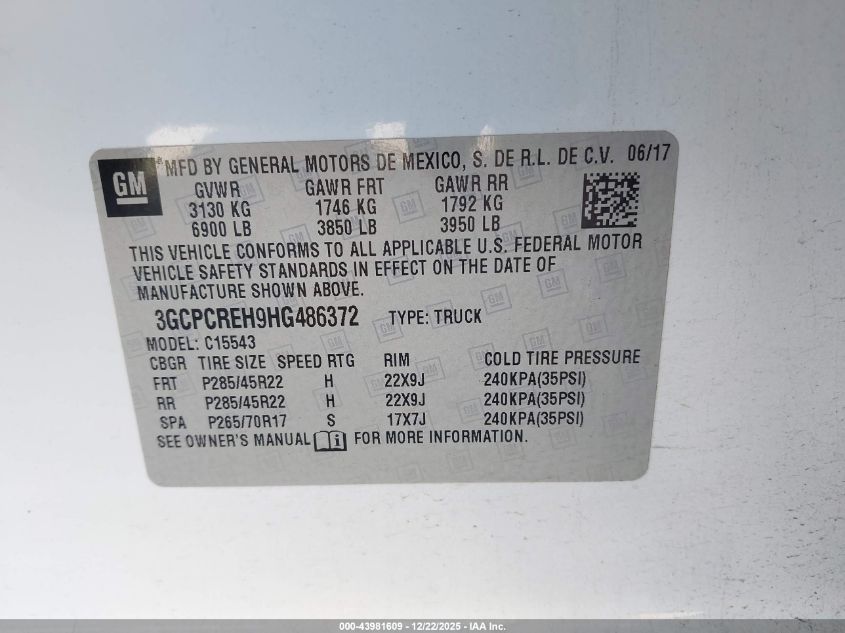 2017 Chevrolet Silverado 1500 1Lt VIN: 3GCPCREH9HG486372 Lot: 43981609