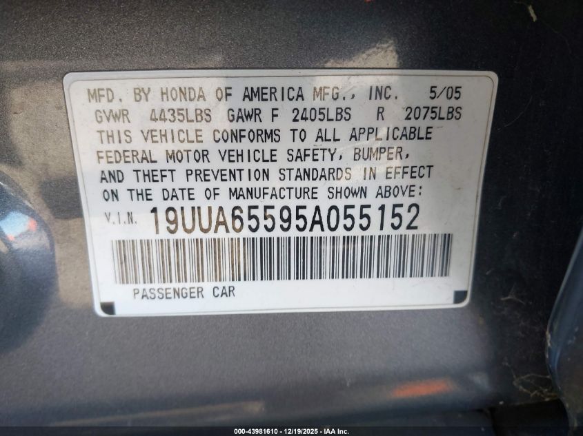 2005 Acura Tl VIN: 19UUA65595A055152 Lot: 43981610