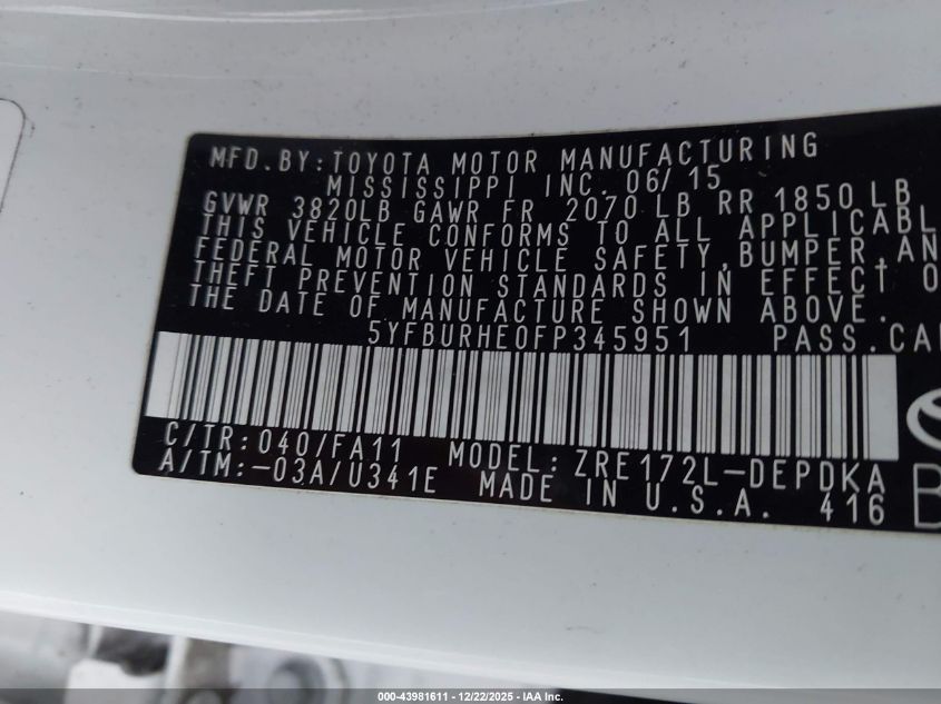 2015 Toyota Corolla L VIN: 5YFBURHE0FP345951 Lot: 43981611