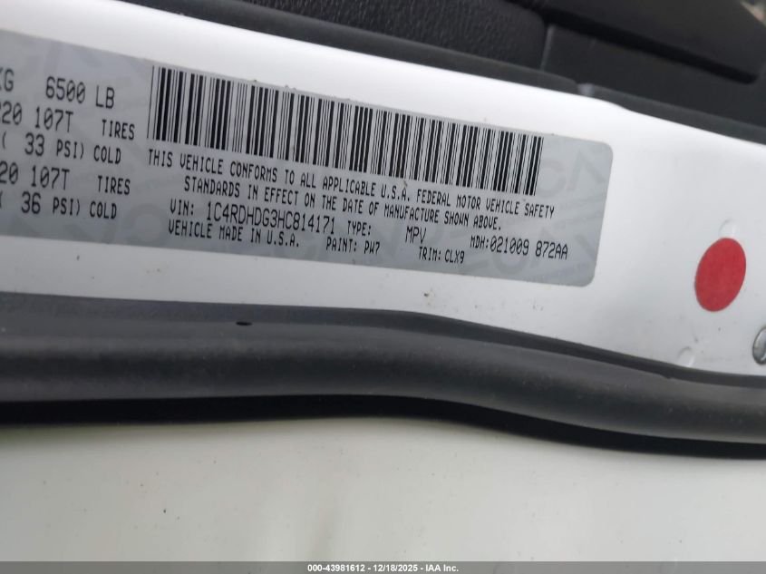 2017 Dodge Durango Gt Rwd VIN: 1C4RDHDG3HC814171 Lot: 43981612