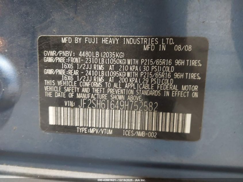 2009 Subaru Forester (Natl) X VIN: JF2SH61649H752582 Lot: 43981621