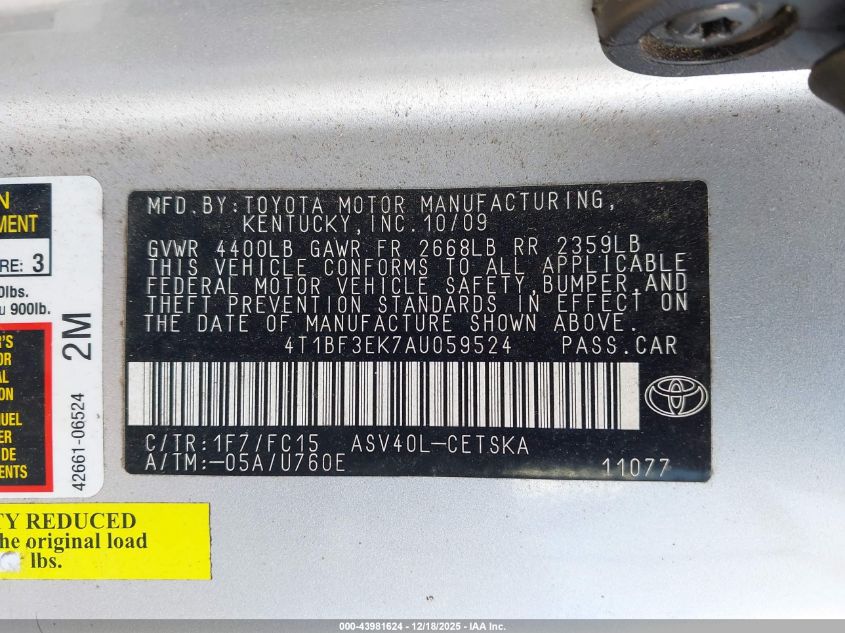 2010 Toyota Camry Se VIN: 4T1BF3EK7AU059524 Lot: 43981624