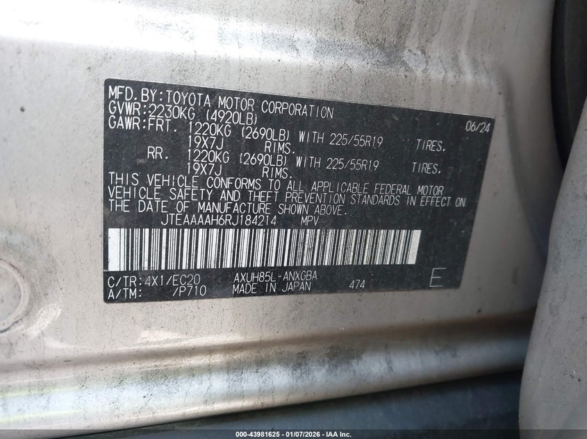 2024 Toyota Venza Xle VIN: JTEAAAAH6RJ184214 Lot: 43981625