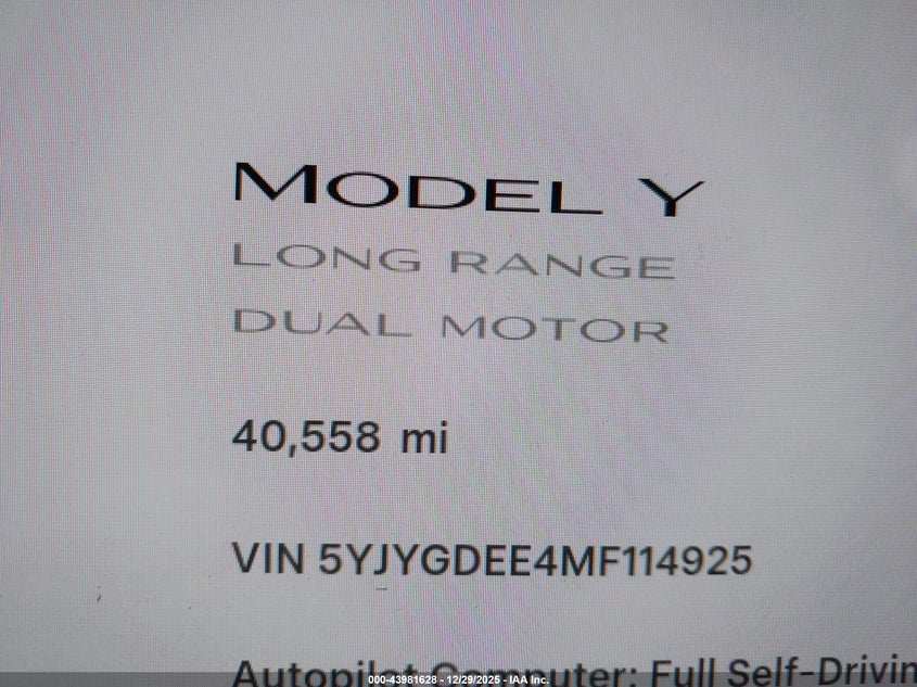2021 Tesla Model Y Long Range Dual Motor All-Wheel Drive VIN: 5YJYGDEE4MF114925 Lot: 43981628