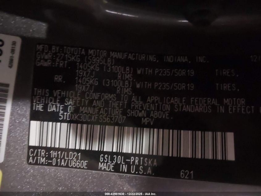 2015 Toyota Sienna Se 8 Passenger VIN: 5TDXK3DCXFS563707 Lot: 43981630