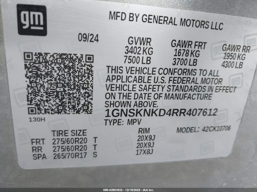2024 Chevrolet Tahoe 4Wd Lt VIN: 1GNSKNKD4RR407612 Lot: 43981632
