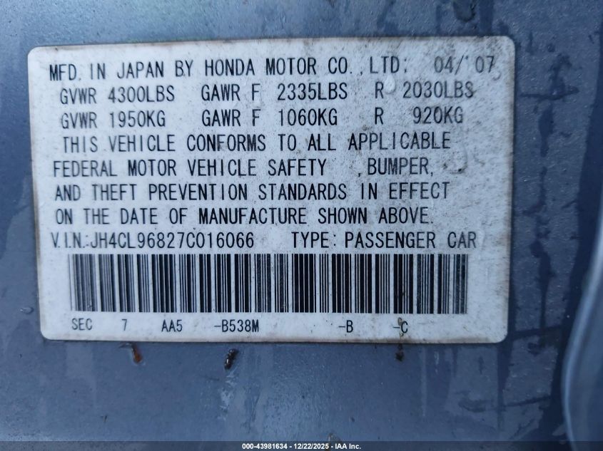2007 Acura Tsx VIN: JH4CL96827C016066 Lot: 43981634