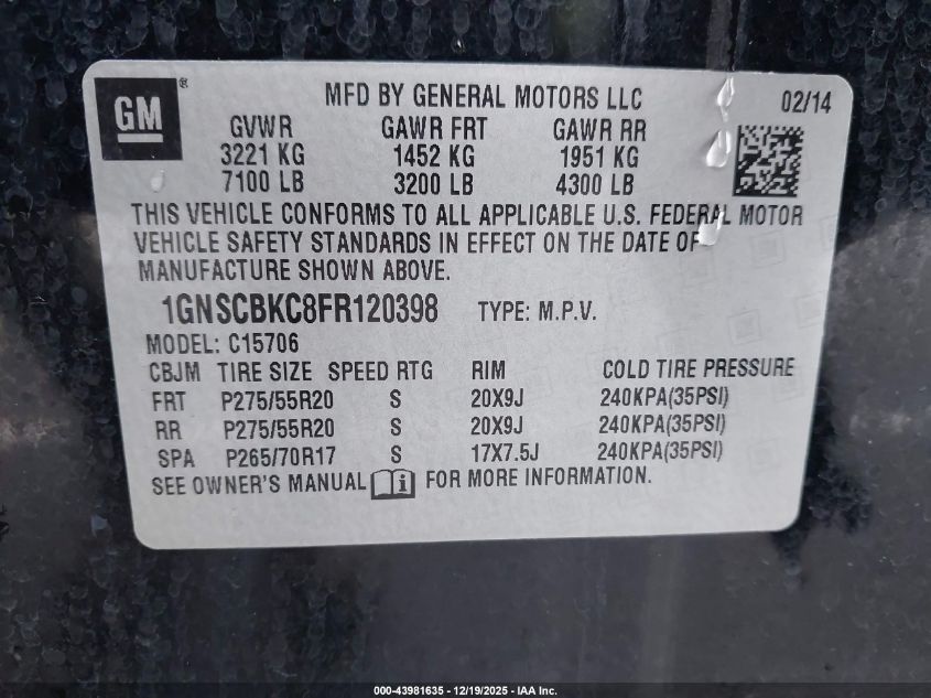 2015 Chevrolet Tahoe Lt VIN: 1GNSCBKC8FR120398 Lot: 43981635