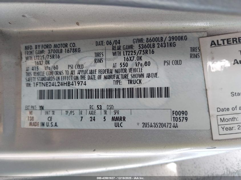 2004 Ford E-250 Commercial/Recreational VIN: 1FTNE24L24HB41974 Lot: 43981637