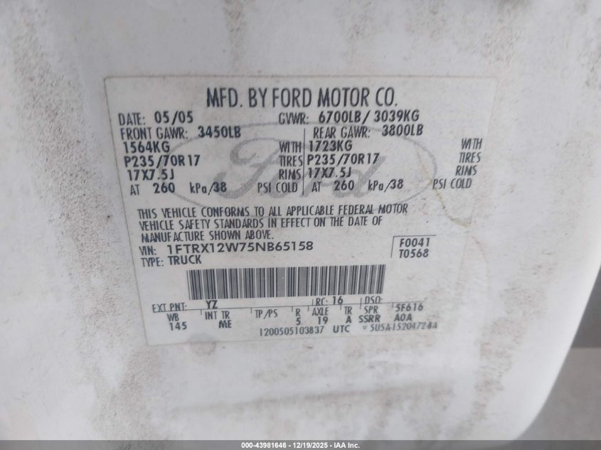 2005 Ford F-150 Stx/Xl/Xlt VIN: 1FTRX12W75NB65158 Lot: 43981646