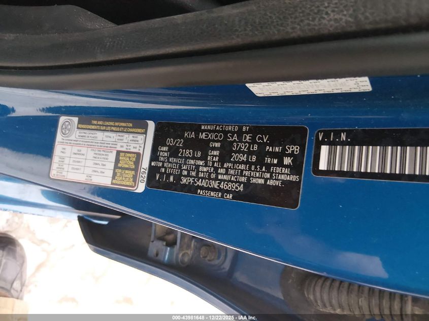 2022 Kia Forte Gt-Line VIN: 3KPF54AD3NE468954 Lot: 43981648
