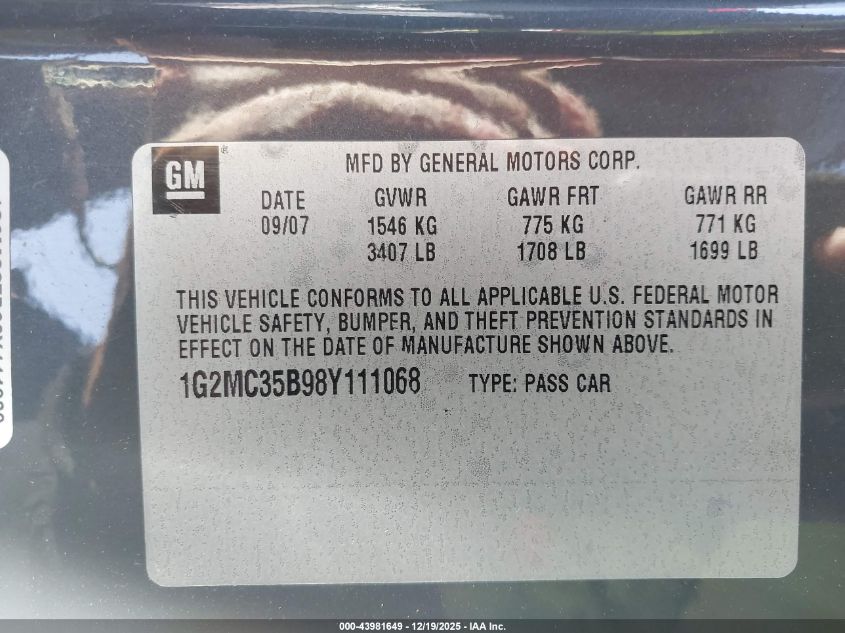 2008 Pontiac Solstice VIN: 1G2MC35B98Y111068 Lot: 43981649