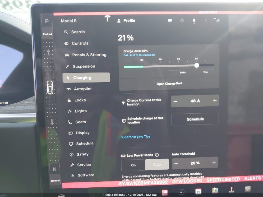 2021 Tesla Model S Long Range Dual Motor All-Wheel Drive VIN: 5YJSA1E55MF438892 Lot: 43981650