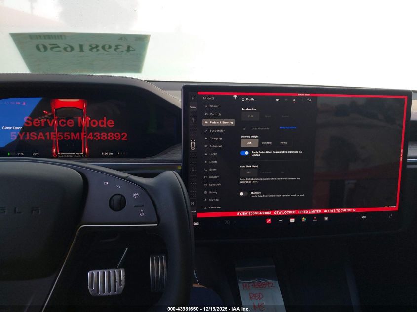 2021 Tesla Model S Long Range Dual Motor All-Wheel Drive VIN: 5YJSA1E55MF438892 Lot: 43981650