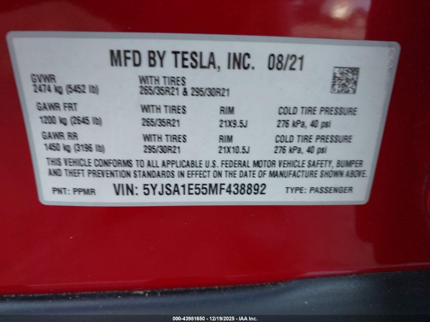 2021 Tesla Model S Long Range Dual Motor All-Wheel Drive VIN: 5YJSA1E55MF438892 Lot: 43981650