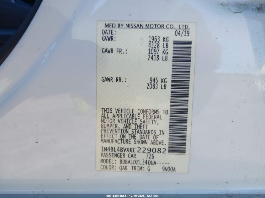 2019 Nissan Altima 2.5 S VIN: 1N4BL4BVXKC229082 Lot: 43981651