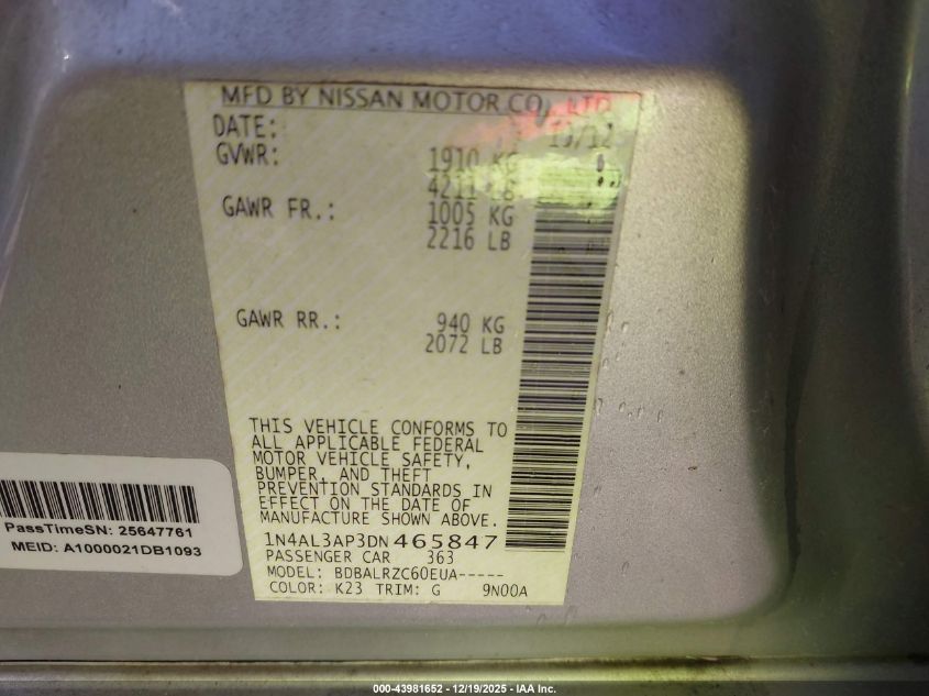 2013 Nissan Altima 2.5 S VIN: 1N4AL3AP3DN465847 Lot: 43981652