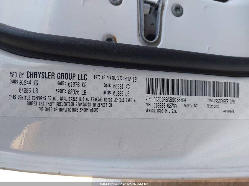 2013 Dodge Dart Rallye VIN: 1C3CDFBA2DD155064 Lot: 43981657