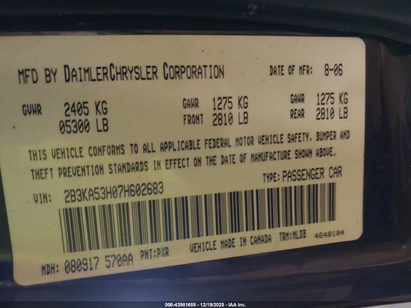 2007 Dodge Charger Rt VIN: 2B3KA53H07H602683 Lot: 43981659