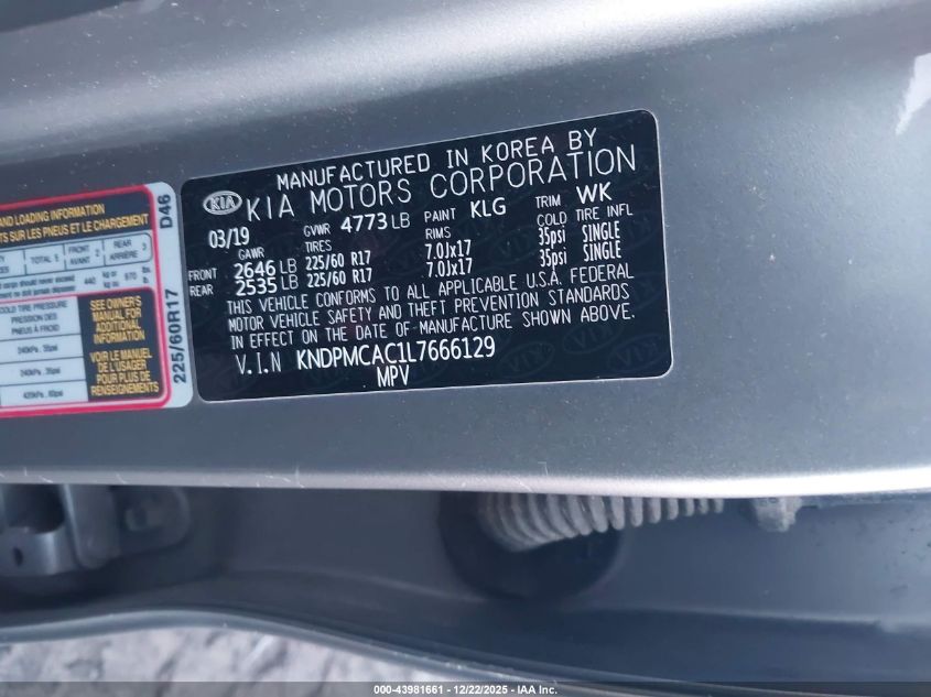 2020 Kia Sportage Lx VIN: KNDPMCAC1L7666129 Lot: 43981661