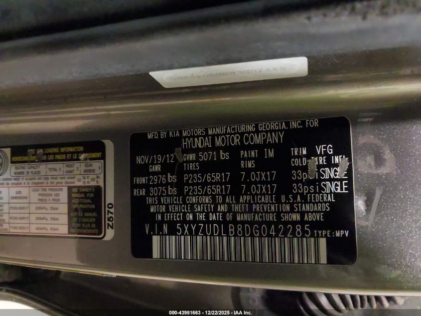 2013 Hyundai Santa Fe Sport VIN: 5XYZUDLB8DG042285 Lot: 43981663