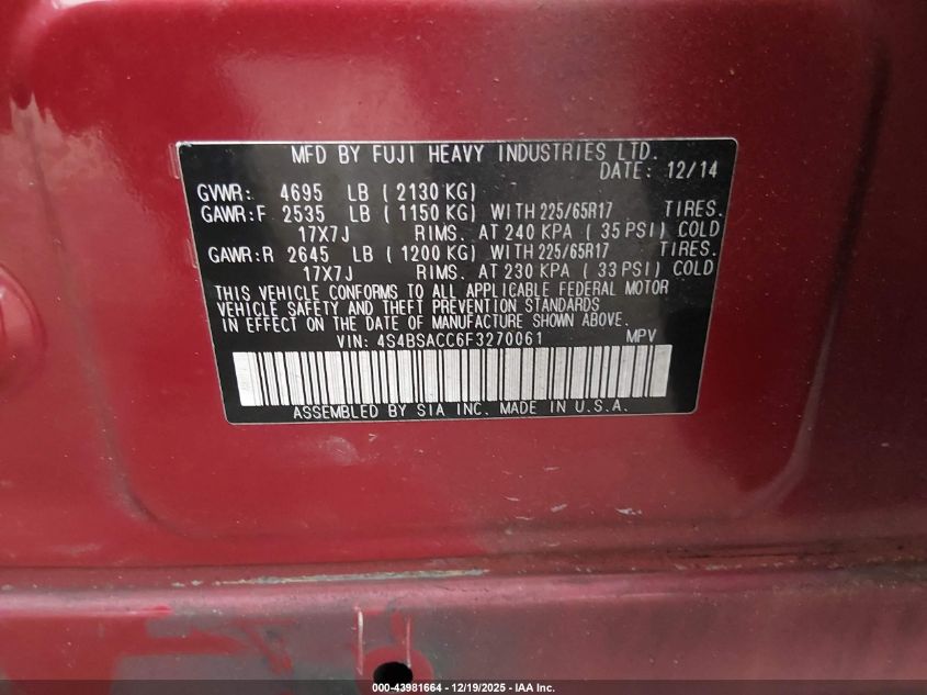 2015 Subaru Outback 2.5I Premium VIN: 4S4BSACC6F3270061 Lot: 43981664