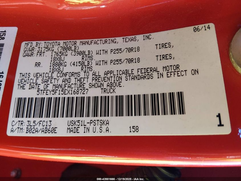 2014 Toyota Tundra Sr5 5.7L V8 VIN: 5TFEY5F15EX168727 Lot: 43981666