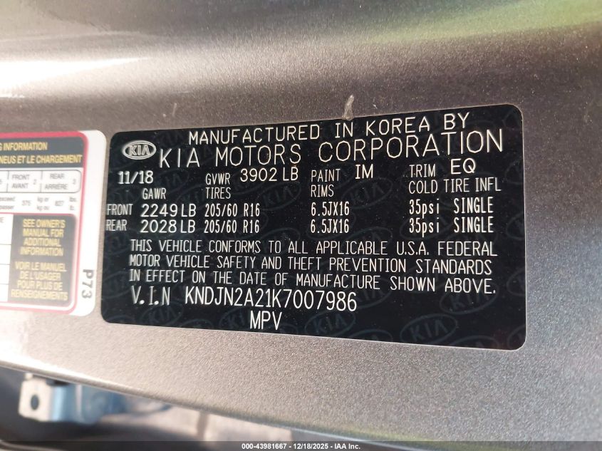 2019 Kia Soul VIN: KNDJN2A21K7007986 Lot: 43981667