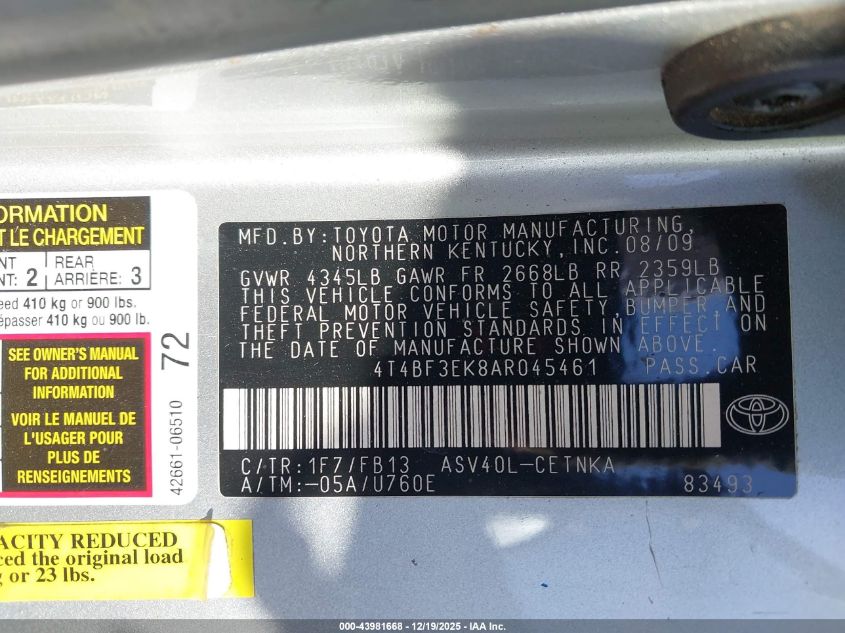 2010 Toyota Camry Le VIN: 4T4BF3EK8AR045461 Lot: 43981668