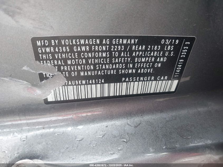 2019 Volkswagen Golf R 2.0T W/Dcc Navigation VIN: WVWWA7AU9KW146124 Lot: 43981672