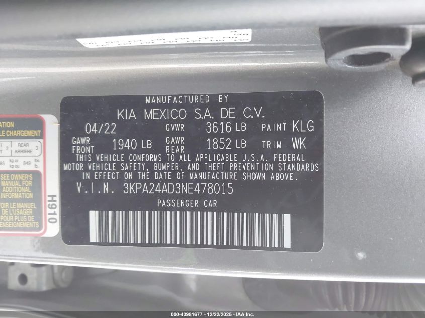 2022 Kia Rio S VIN: 3KPA24AD3NE478015 Lot: 43981677
