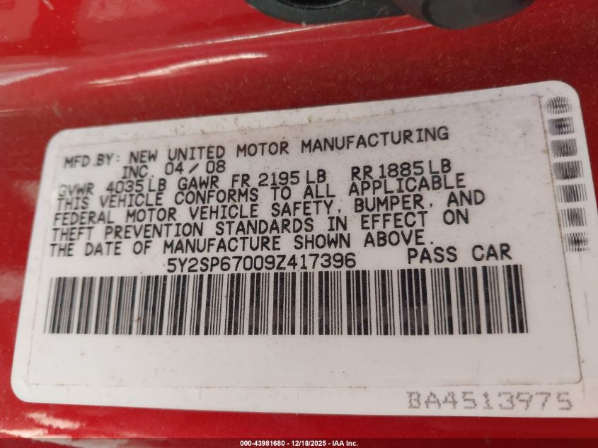 2009 Pontiac Vibe VIN: 5Y2SP67009Z417396 Lot: 43981680