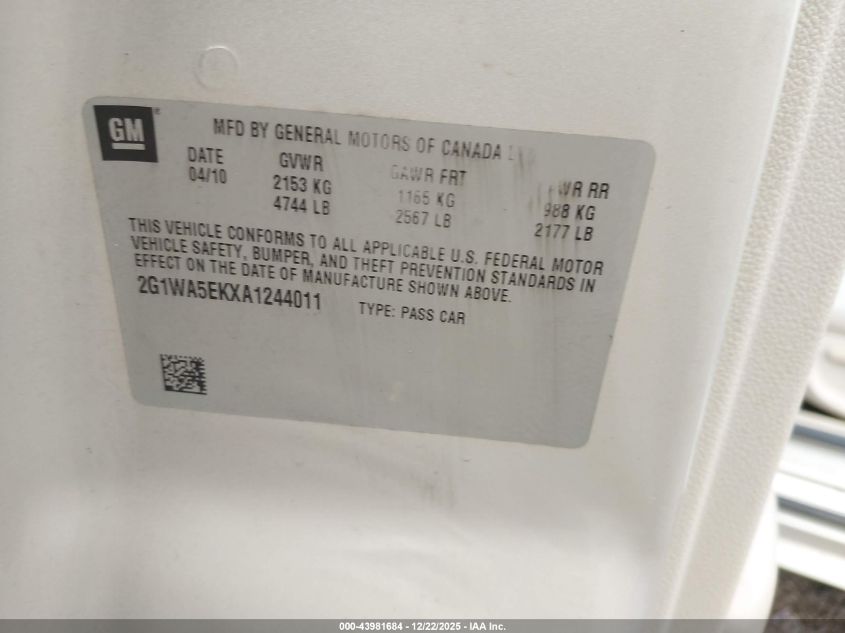 2010 Chevrolet Impala Ls VIN: 2G1WA5EKXA1244011 Lot: 43981684