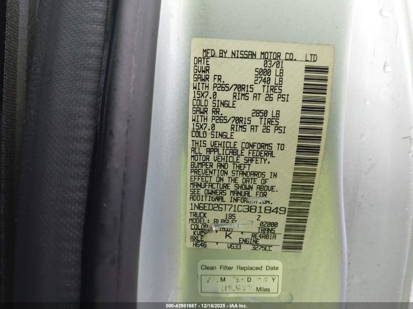 2001 Nissan Frontier Desert Runner Xe-V6 VIN: 1N6ED26T71C381849 Lot: 43981687