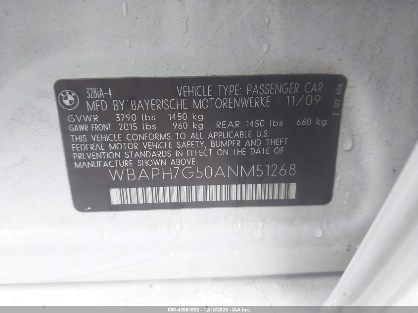 2010 BMW 328I VIN: WBAPH7G50ANM51268 Lot: 43981692